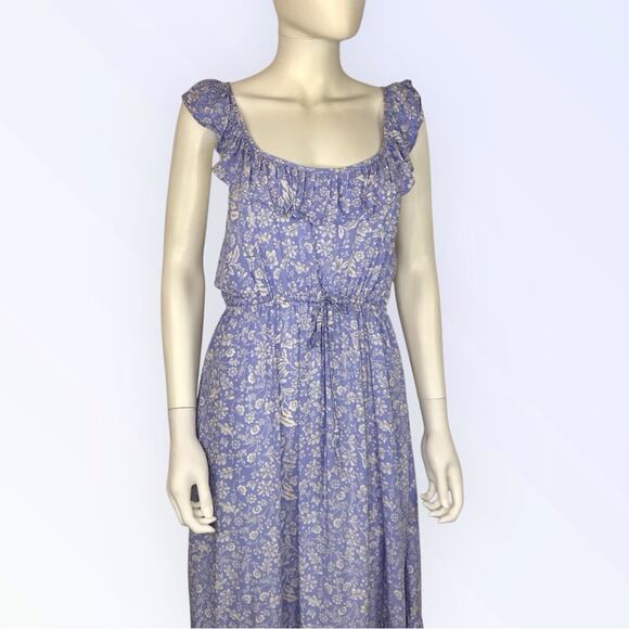 J Crew Blue & White Floral Midi Dress Ruffle Cottagecore  Summer Dress - Picture 3 of 7
